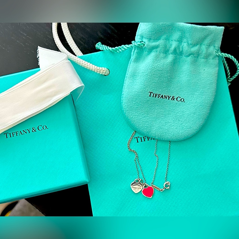 Tiffany Double Heart Enamel Tag Pendant and 18” Chain